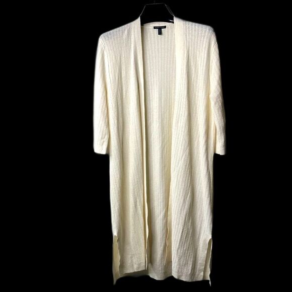 Eileen Fisher Soft White Organic Linen Textured Stretch Long Cardigan L Relaxed - Picture 2 of 9